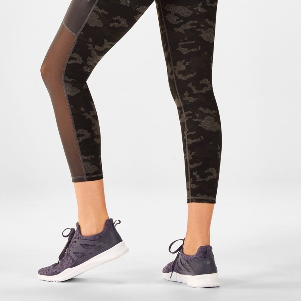 FABLETICS High Waisted PowerHold Charcoal Heather Camo Leggings Side Mesh Size L